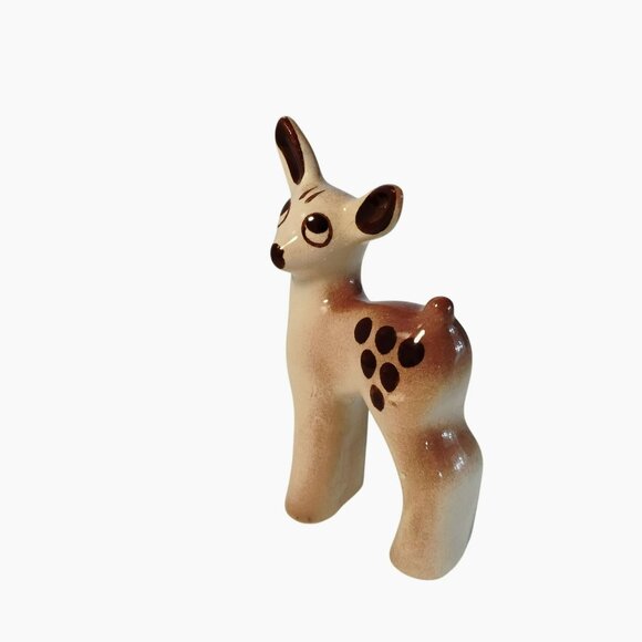 Vintage Brown Spotted Ceramic Deer Figurine, 1950s MCM Brown & Cream Fawn 4.5" - Picture 2 of 6